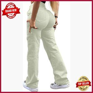 Women's High Rise Straight Leg Cargo Jeans Stretch Cotton Pants